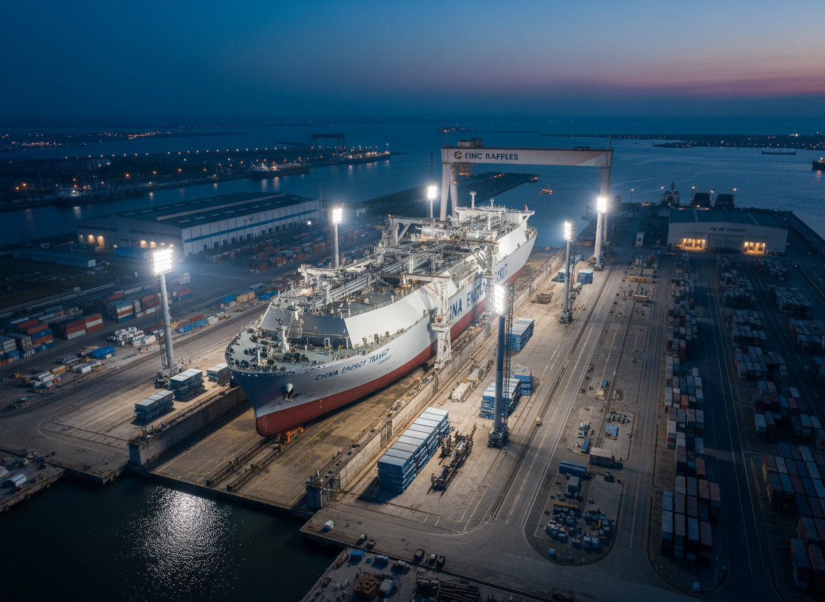 A vast Chinese shipyard photographed at dusk, with a nearly completed LNG-powered tanker resting in a dry dock, its light gray hull gleaming under bright white floodlights. Around it, automated gantry cranes, robotic welding arms, and modular hull segments showcase advanced shipbuilding technology. The sky is a deepening blue, with the last traces of twilight creating a subtle gradient above the industrial landscape. The lighting is dramatic and directional, casting long, crisp shadows and highlighting structural details on the vessel. Captured from a high bird’s-eye view, the composition reveals the organized layout of slipways, warehouses, and quays, conveying a mood of high-tech efficiency and strategic scale, in clean, documentary photographic style.