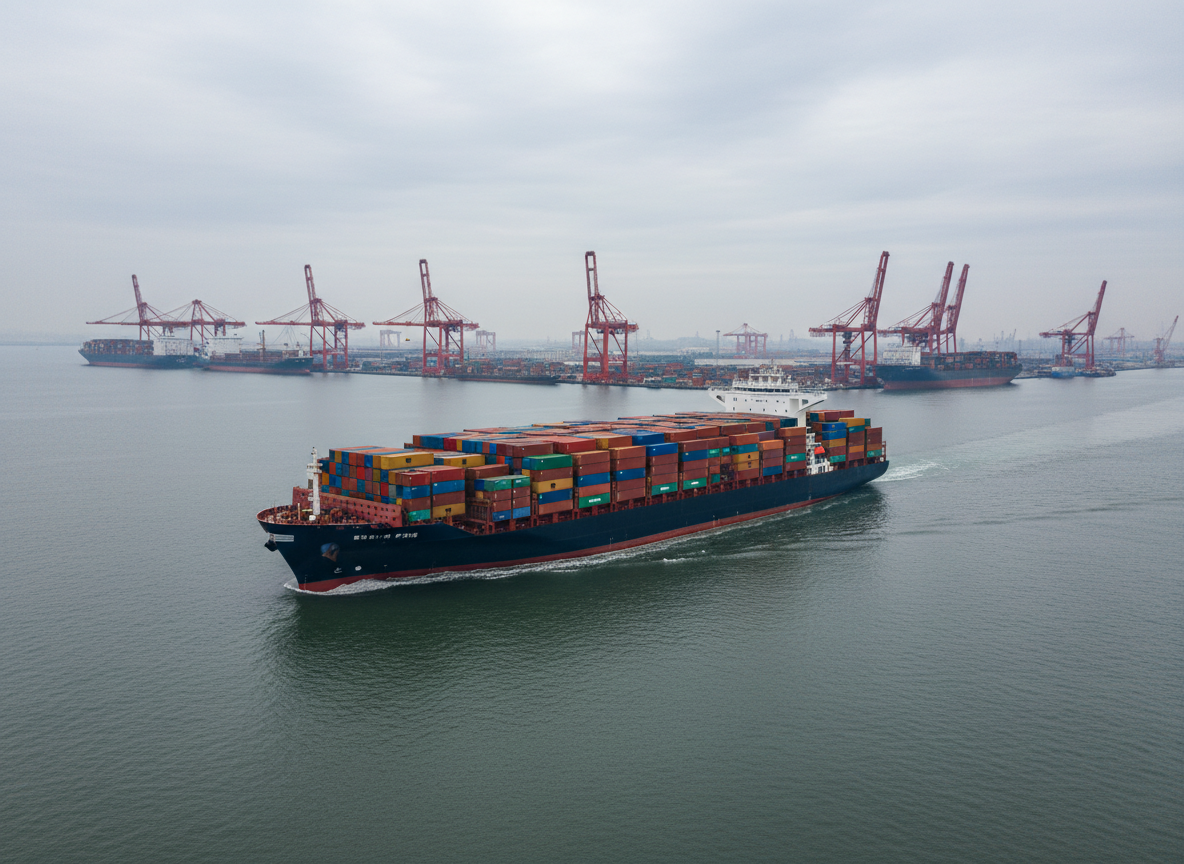 A modern deep-sea container ship in photographic realism, its dark blue hull cutting through calm steel-gray water, stacked with multicolored containers arranged in precise rows. In the distance, a sprawling Chinese shipyard stretches along the shoreline, with towering red gantry cranes, dry docks, and partially assembled hulls. Soft overcast daylight creates even, diffused lighting, giving the scene a professional, analytical feel with minimal glare. Shot from a slightly elevated, three-quarter angle, the composition follows the rule of thirds, keeping the vessel dominant while the industrial coastline provides context. The atmosphere is calm and focused, emphasizing scale, engineering sophistication, and the strategic importance of China’s maritime industry without any human presence.